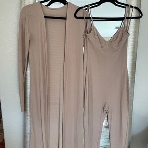 Tan jumpsuit with matching duster